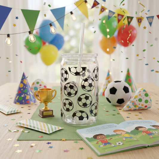 Football 16oz plastic can cup with an all-over black and white football design, clear lid and clear straw.