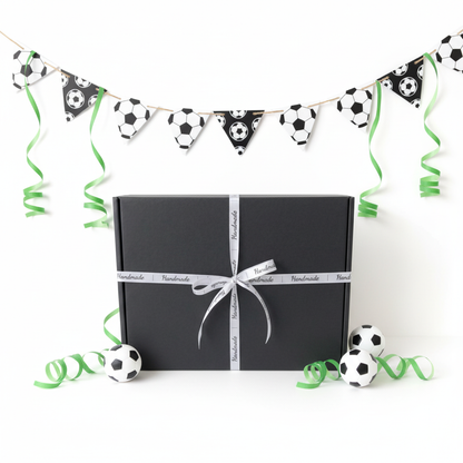 Black handmade football gift box with white Handmade ribbon, handmade in the UK