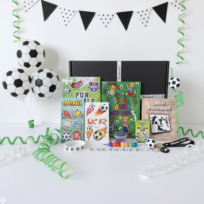 Football themed children's gift box handmade in the UK, including puzzle book, colouring book, scratch art, sticker book, mini playing cards, temporary tattoos, slime, wristband, pencil, football keyring and more