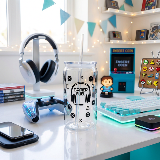 Gamer Fuel 16oz plastic can cup with black headset and gaming button artwork, clear lid and straw in a bright gaming scene.
