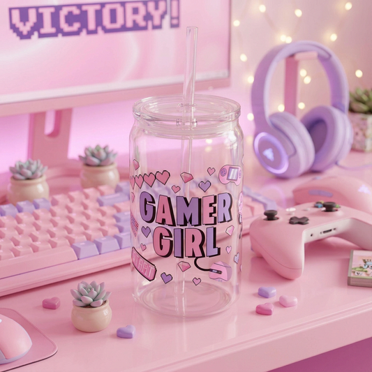 Gamer Girl 16oz plastic can cup with pink and purple lettering, hearts and gaming icons, clear lid and straw.