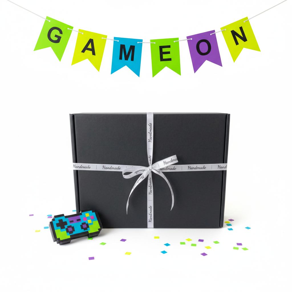 Black handmade gaming gift box with white Handmade ribbon, handmade in the uk