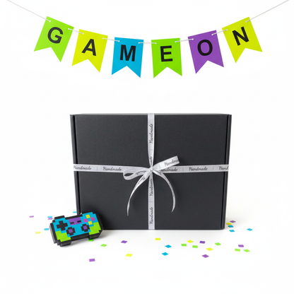 Black handmade gaming gift box with white Handmade ribbon, handmade in the uk