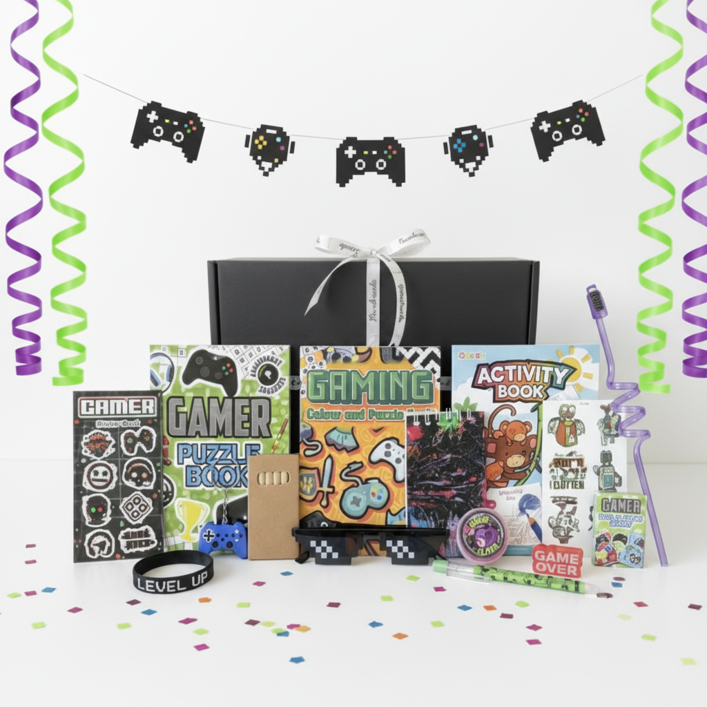 Gaming themed gift box handmade in the UK, including gamer puzzle book, gaming colour and puzzle book, activity book, gamer sticker book, pixel gaming glasses, Level Up wristband, slime, Game Over eraser, mini playing cards and temporary tattoos and more