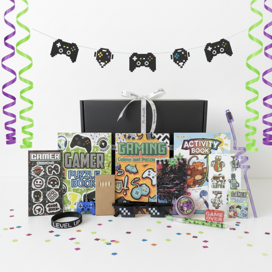 Gaming themed gift box handmade in the UK, including gamer puzzle book, gaming colour and puzzle book, activity book, gamer sticker book, pixel gaming glasses, Level Up wristband, slime, Game Over eraser, mini playing cards and temporary tattoos and more