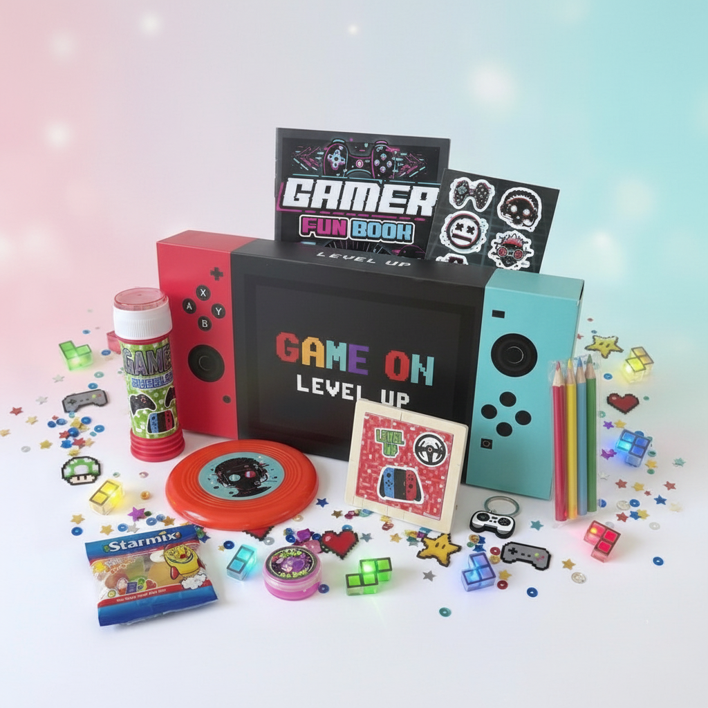 Gaming themed pre-filled party box for kids including Gamer Fun Book, sticker sheet, wooden puzzle, bubbles, frisbee, coloured pencils, controller keyring, neon slime and Starmix sweets, handmade in the uk
