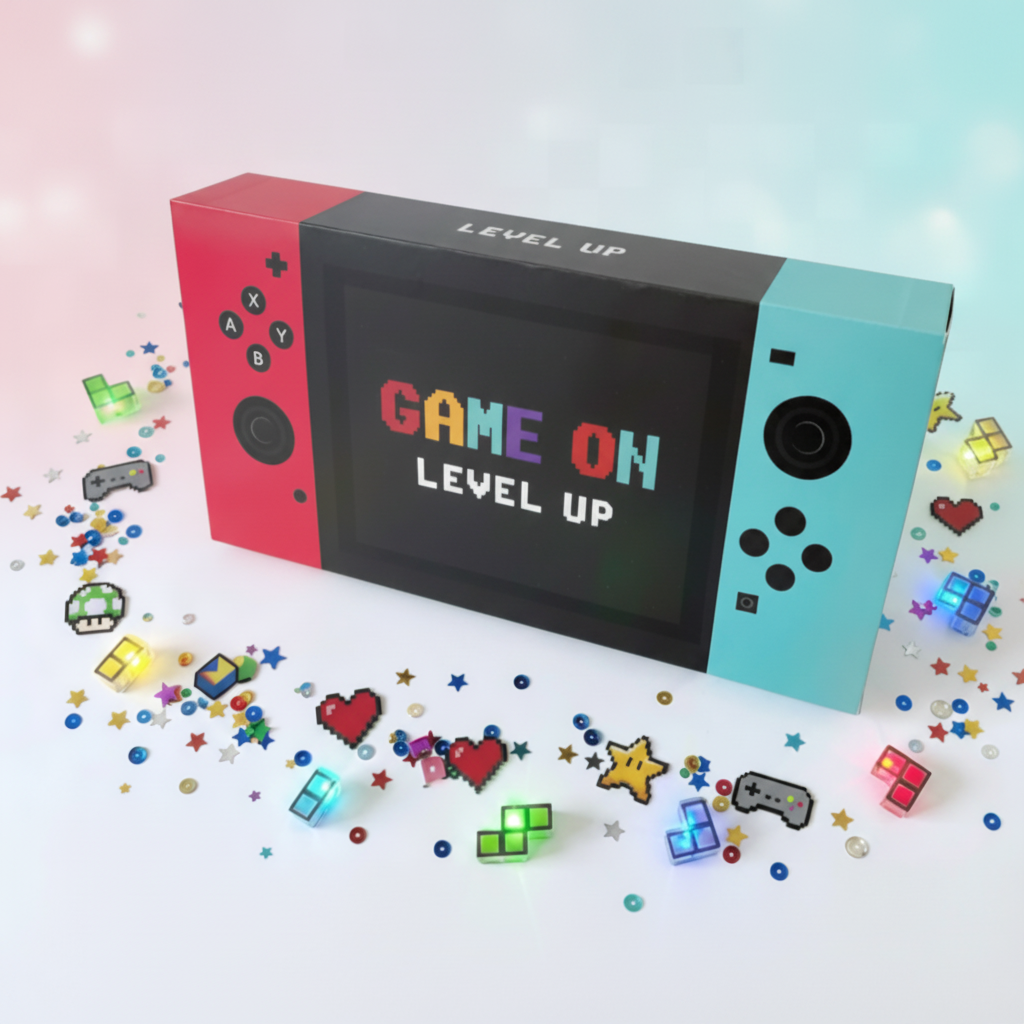 Gaming party gift box with Game On Level Up design in red, black and teal, UK