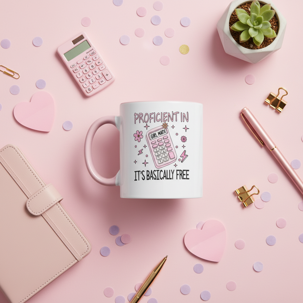 Girl Math mug UK with pink calculator and filofax flat lay styled with confetti - Proficient in Girl Math It's Basically Free ceramic mug