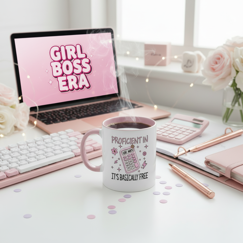Girl Math mug UK on girly desk with steaming coffee, pink keyboard and stationery - Proficient in Girl Math ceramic mug lifestyle shot