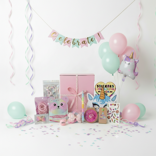 Girls gift box contents including unicorn mask, activity books, stickers, colouring items and accessories UK