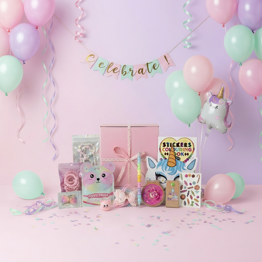 Girls gift box with craft activities, accessories and pamper treats on a pink and lilac party background.