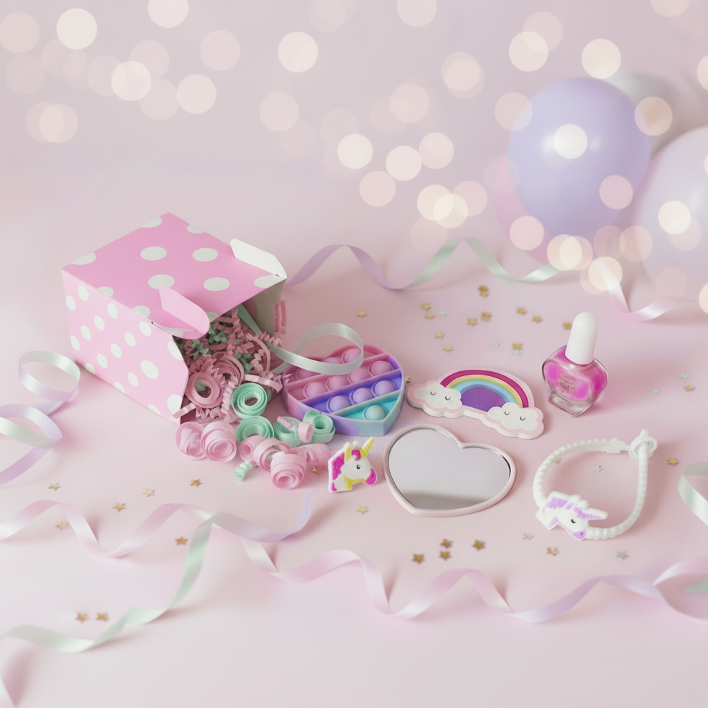 Girls' mini gift box contents including rainbow fidget, heart mirror, nail varnish, unicorn ring and bracelet, handmade in the UK