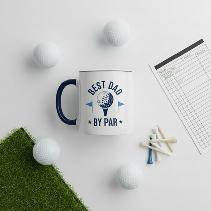 Golf dad mug UK handmade flat lay with golf accessories and green grass accent