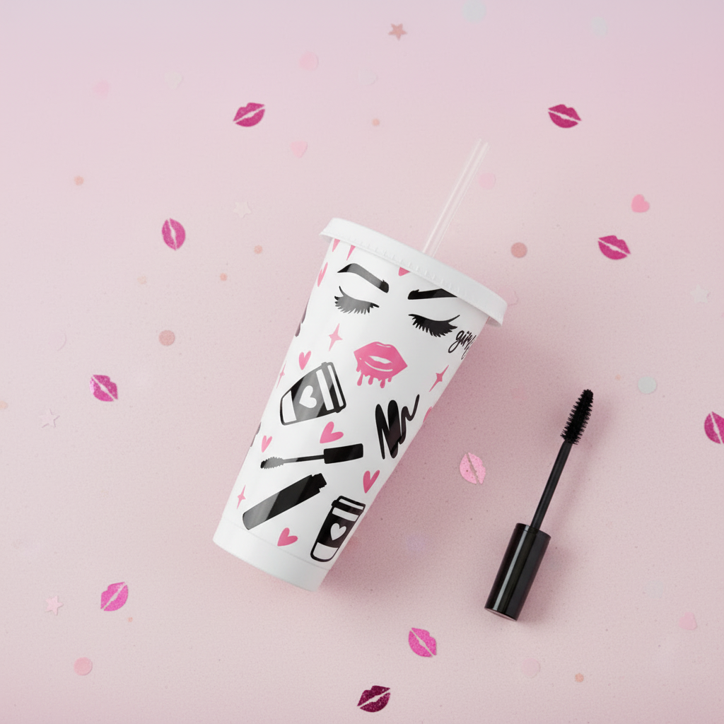 Beauty-themed 24oz cold cup with makeup styling - personalised drinkware gift for her UK
