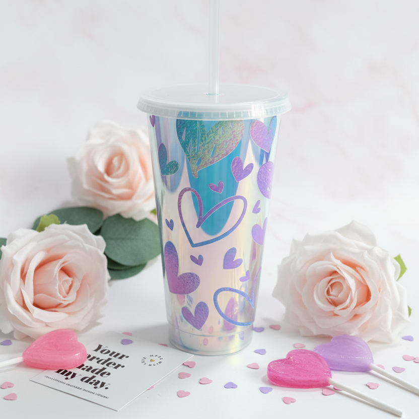 Holographic Sketch Heart 24oz Cold Cup with pastel roses and heart lollipops - elegant gift tumbler UK