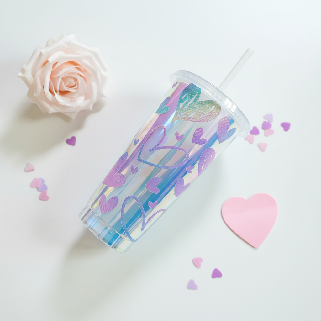 Holographic Sketch Heart 24oz Cold Cup tilted with rose and heart confetti - iridescent tumbler gift UK