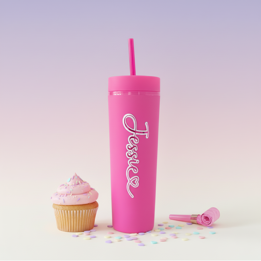 Personalised hot pink cold cup with custom name, UK handmade gift, standing upright next to pink frosted cupcake on pastel background with confetti