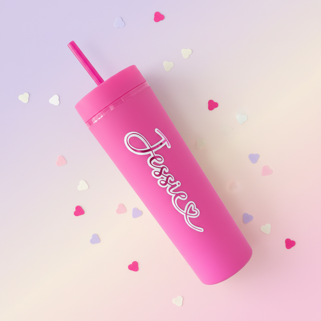 Personalised hot pink cold cup with custom name, handmade in UK, lying flat on dreamy pastel gradient background with scattered heart confetti