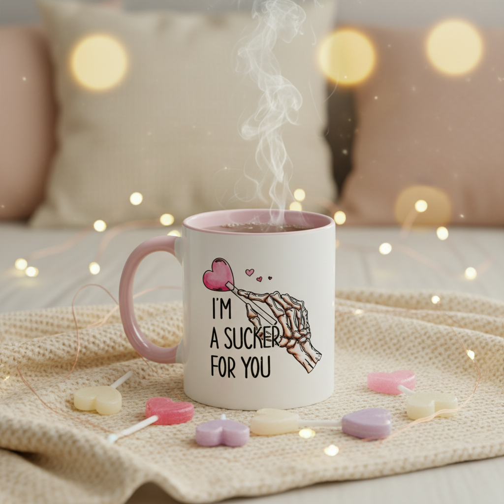 I'm A Sucker For You mug UK with fairy lights and heart lollipops - romantic skeleton hand ceramic mug with pink handle