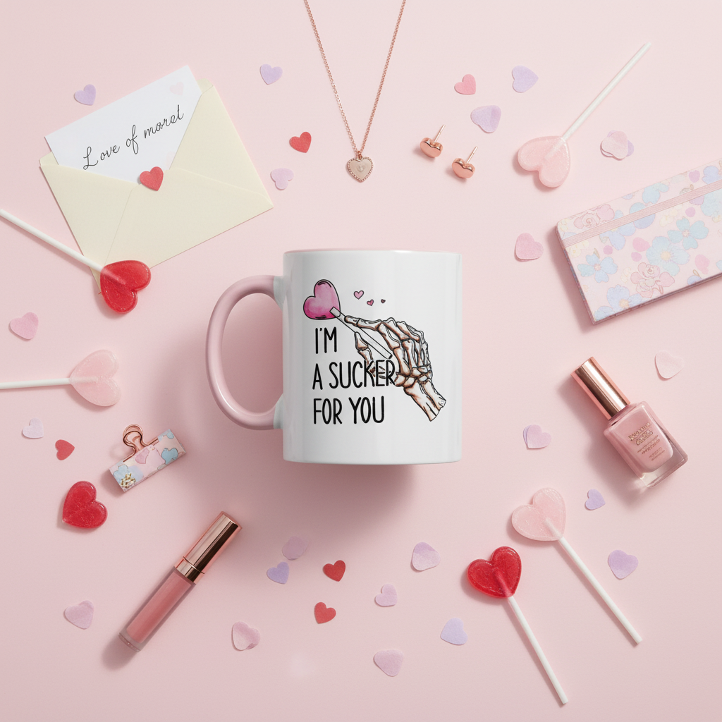 I'm A Sucker For You mug UK overhead flat lay with heart lollipops and girly accessories - romantic gift mug lifestyle shot