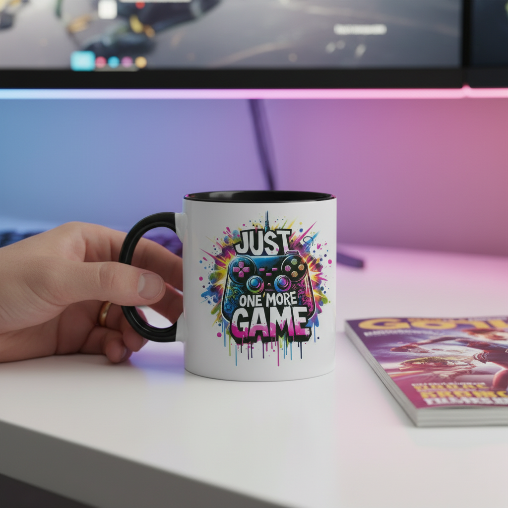 Just One More Game gaming mug with hand and LED lights - handmade in the UK