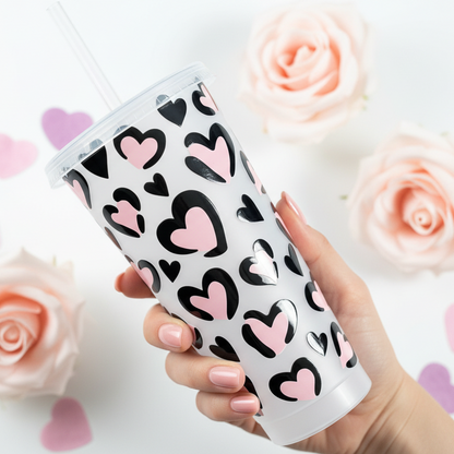 Love Heart 24oz Cold Cup held in hand with pastel roses and heart confetti - romantic gift tumbler UK
