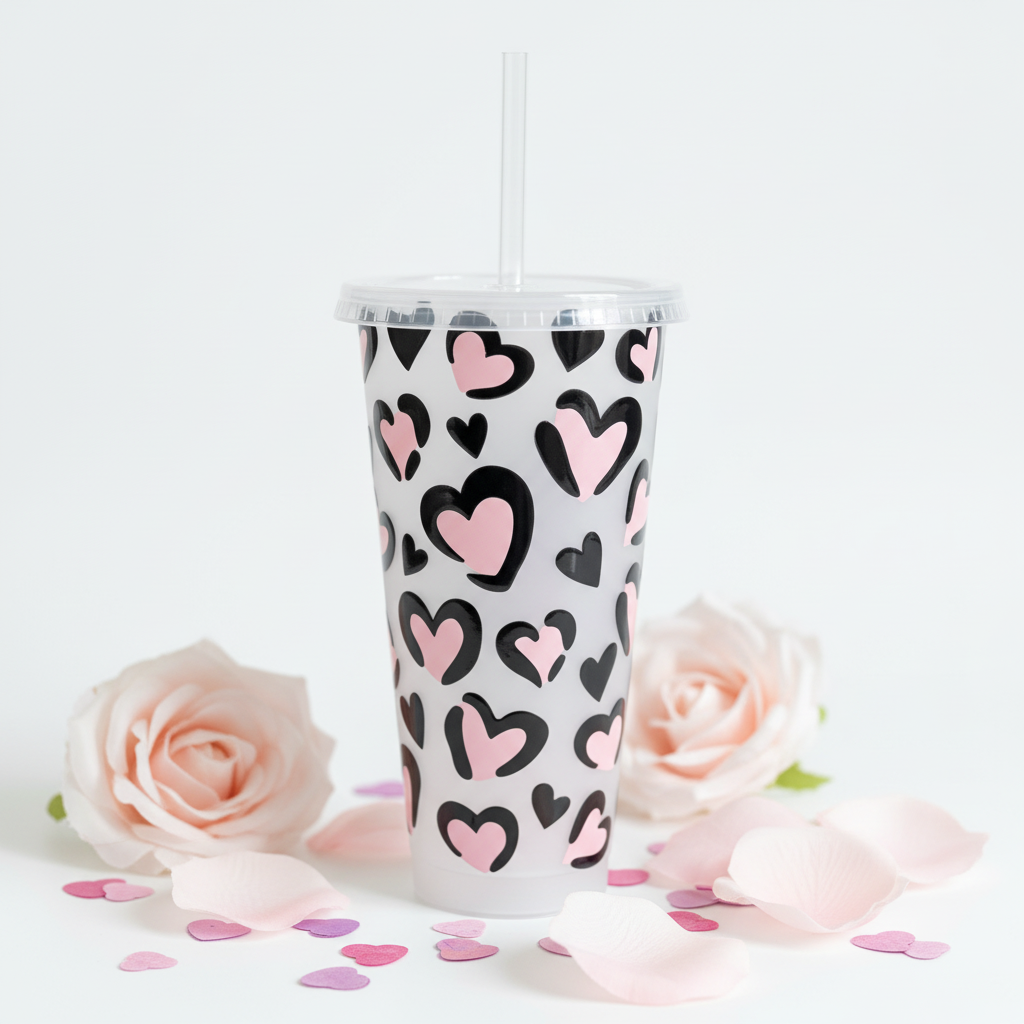 Love Heart 24oz Cold Cup with pink and purple heart confetti and roses - elegant gift tumbler UK