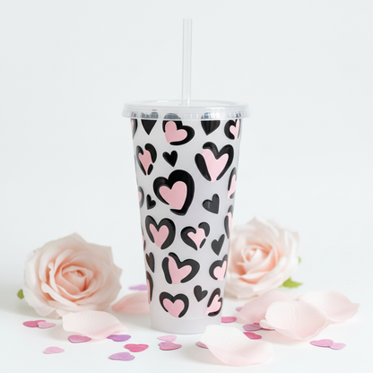 Love Heart 24oz Cold Cup with pink and purple heart confetti and roses - elegant gift tumbler UK
