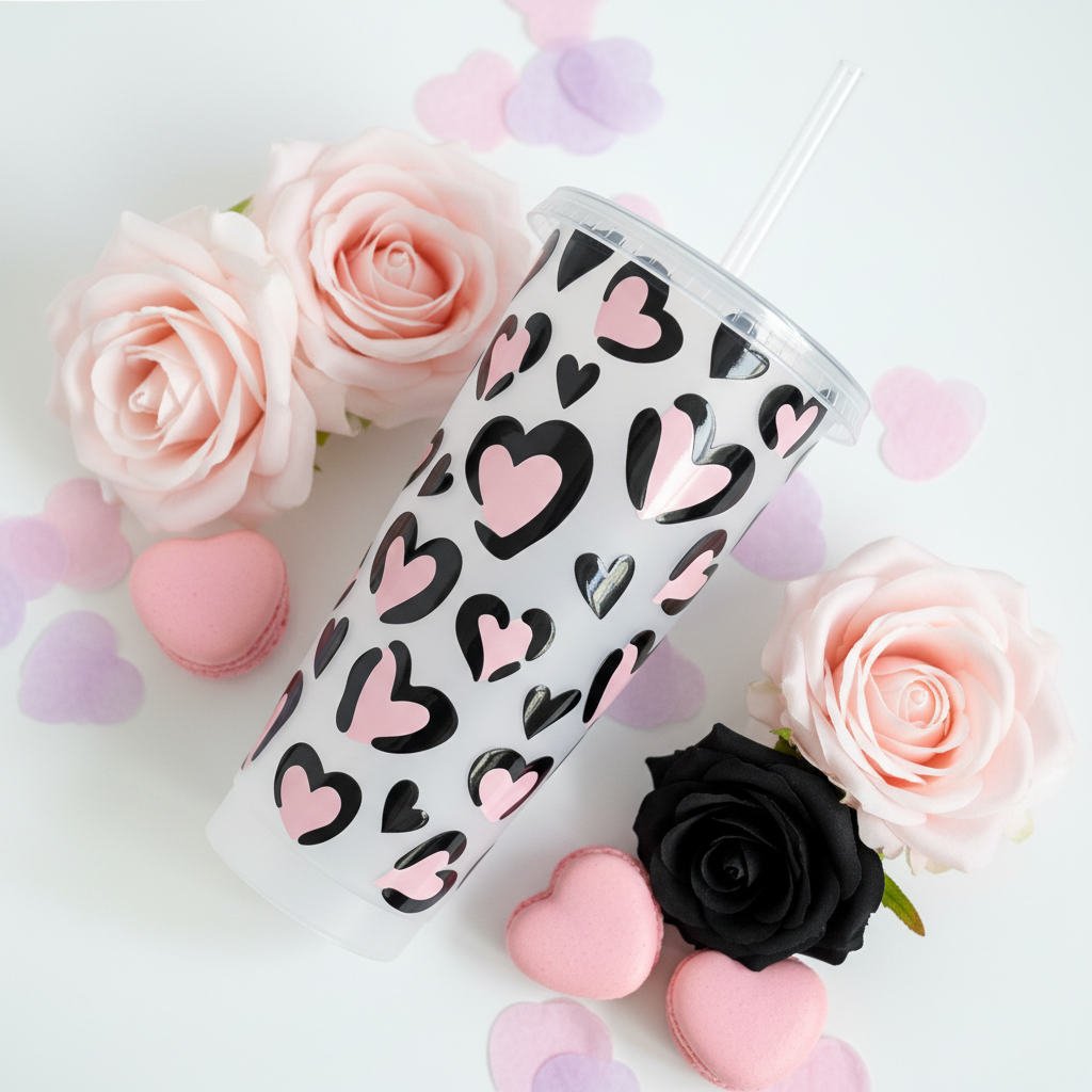 Love Heart 24oz Cold Cup tilted with black rose, heart macarons and confetti - romantic tumbler gift UK