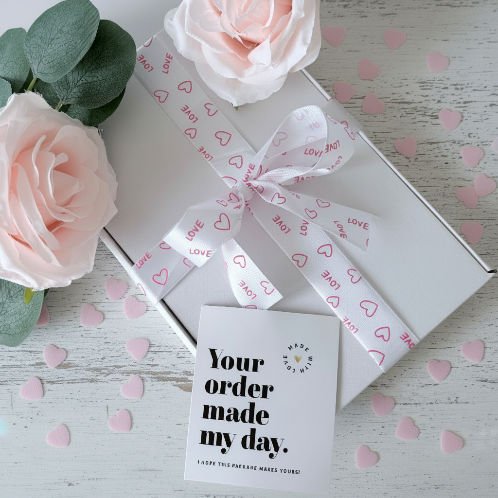 White gift box with love heart ribbon bow, pink roses and Your Order Made My Day card - luxury gift box UK