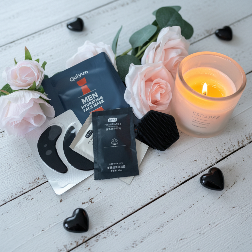 Quiyum men's hydrating face mask, black eye gel pads, travel sachets and black silicone facial brush pamper gift for him UK