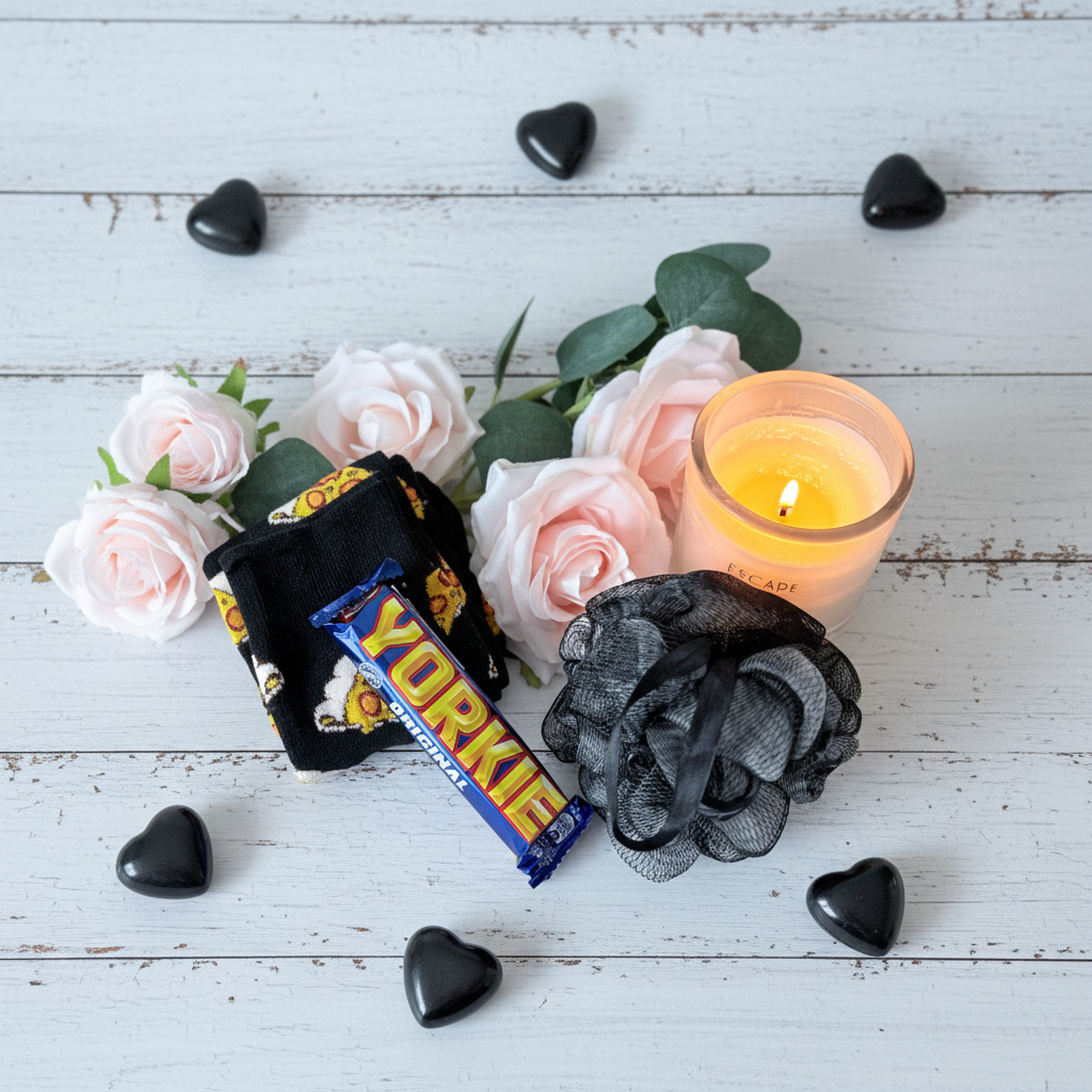 Yorkie Original chocolate bar, black pizza socks and black mesh bath puff pamper gift for him UK