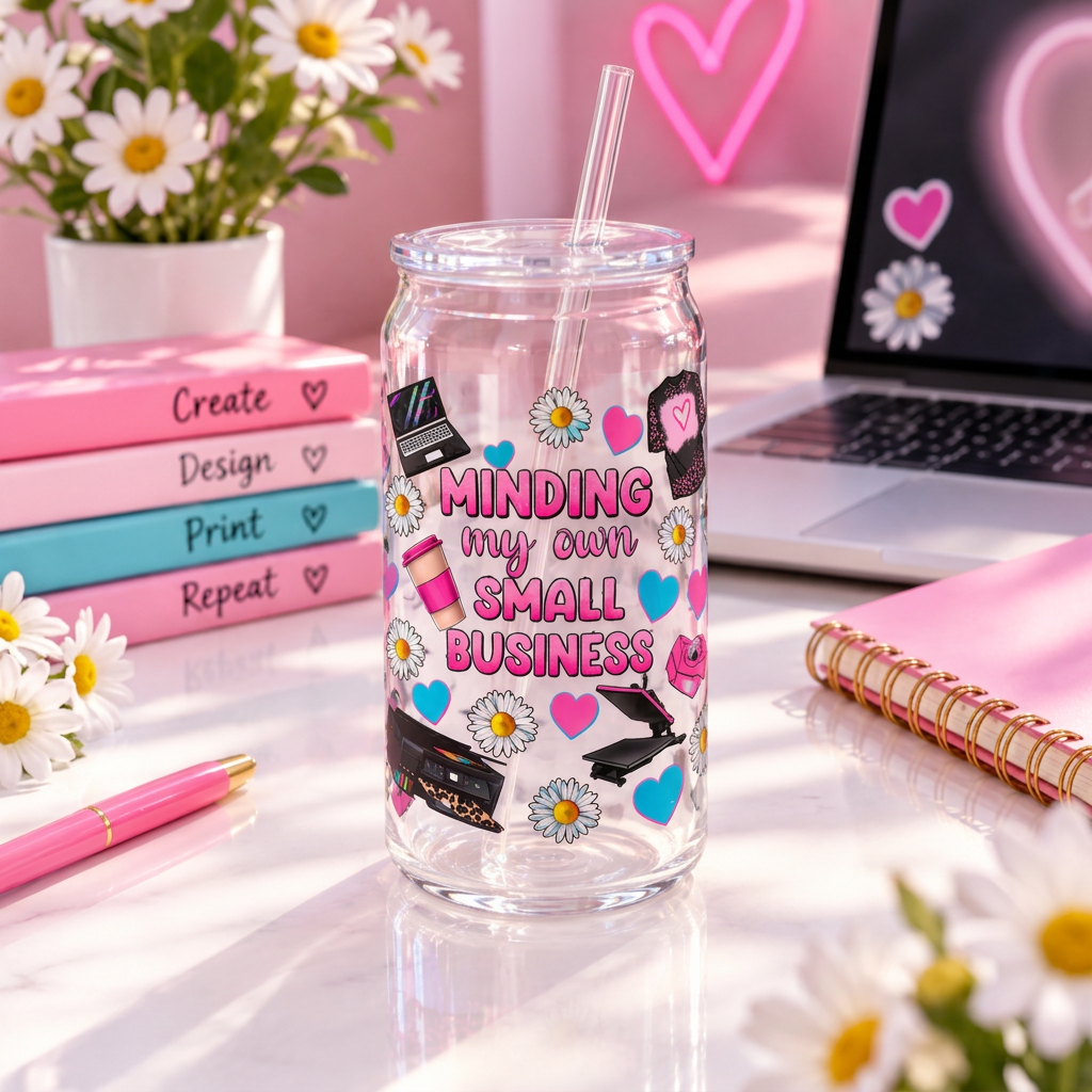 Minding My Own Small Business plastic can cup with pink lettering, daisies, colourful hearts, clear lid and straw.
