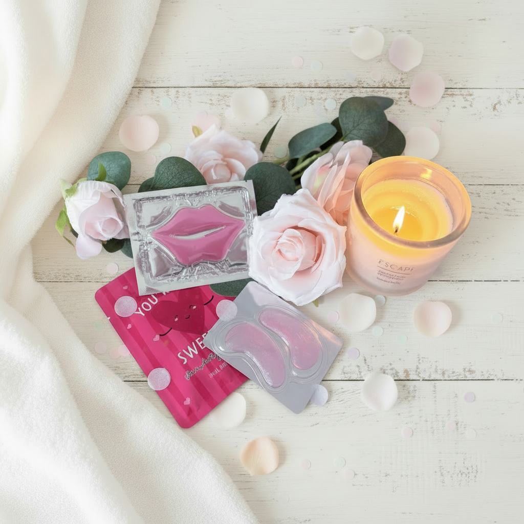 Pink lip mask, collagen eye gel pads and facial sheet mask - mini pink pamper gift UK