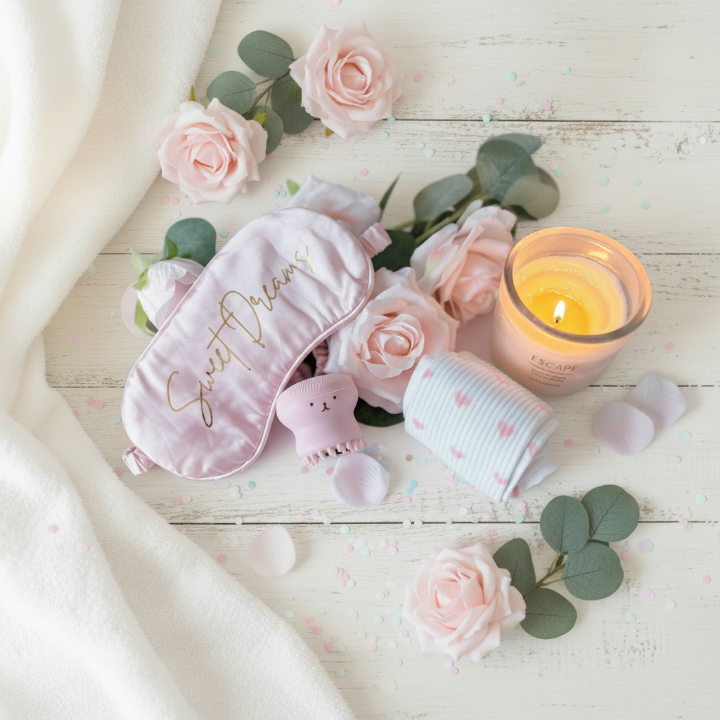 Pink socks, Sweet Dreams sleep mask and facial scrubber - mini pink pamper gift UK