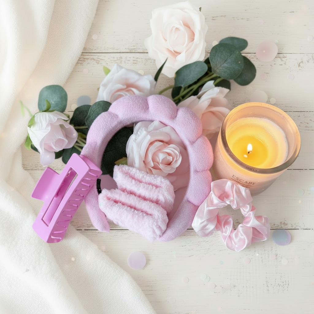 Pink fluffy spa headband, wrist bands, hair claw clip and scrunchie - mini pink pamper gift UK