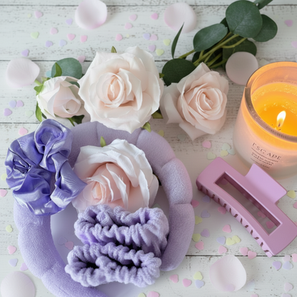 Mini Purple Pamper gift UK - lavender headband, purple scrunchies, lilac hair claw clip and wristbands