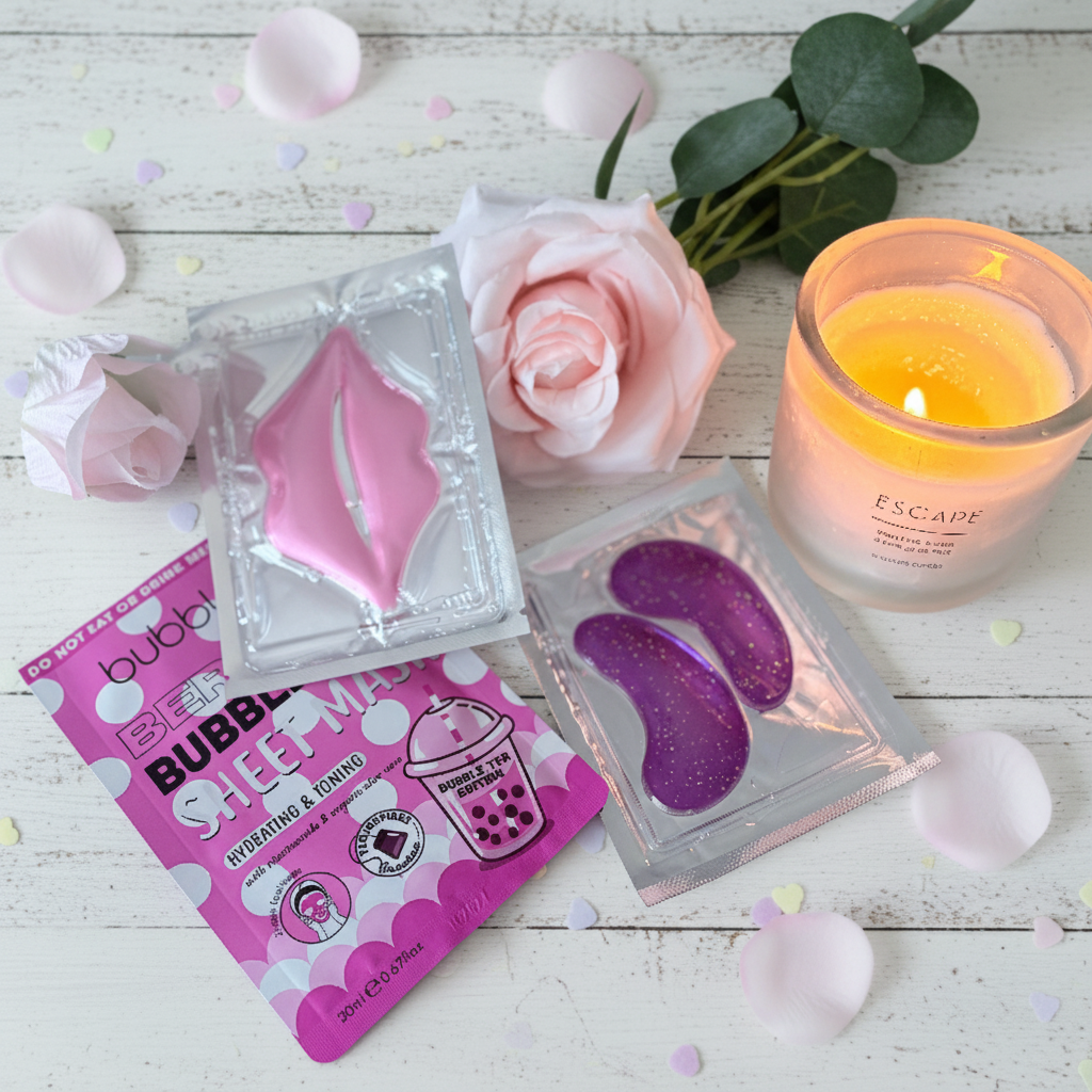 Mini Purple Pamper skincare gift UK - bubble tea sheet mask, pink lip mask and purple glitter eye patches