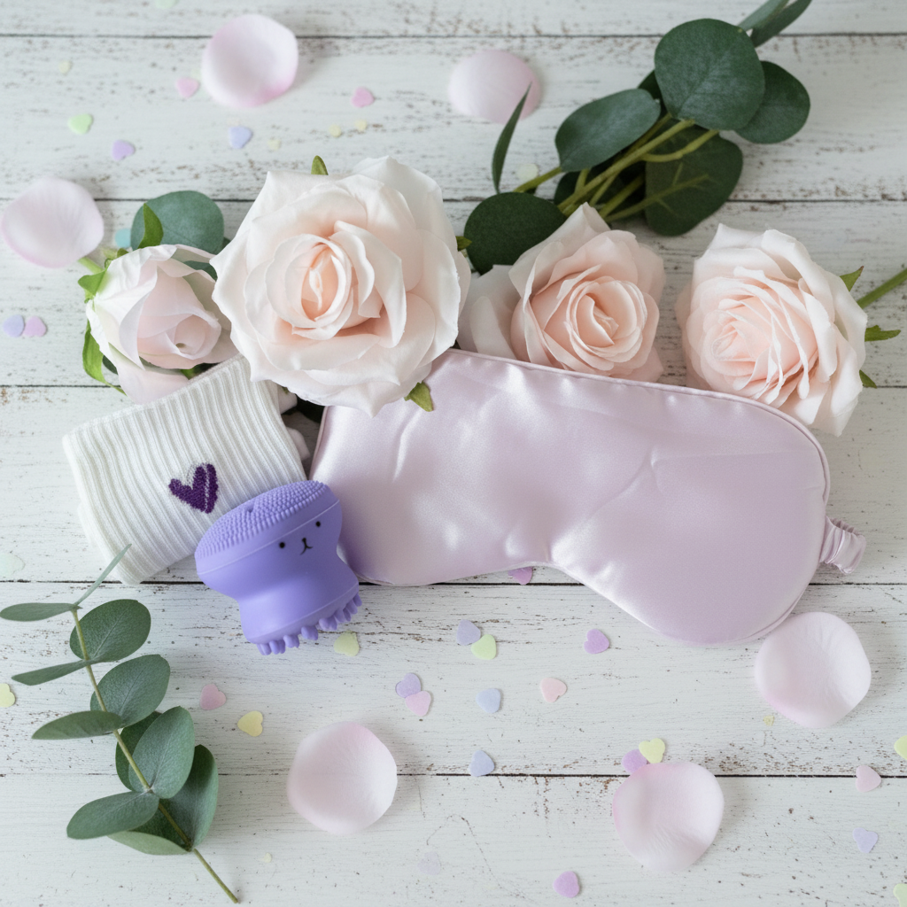 Mini Purple Pamper gift UK - lavender silk sleep mask, purple facial scrubber and white ribbed socks