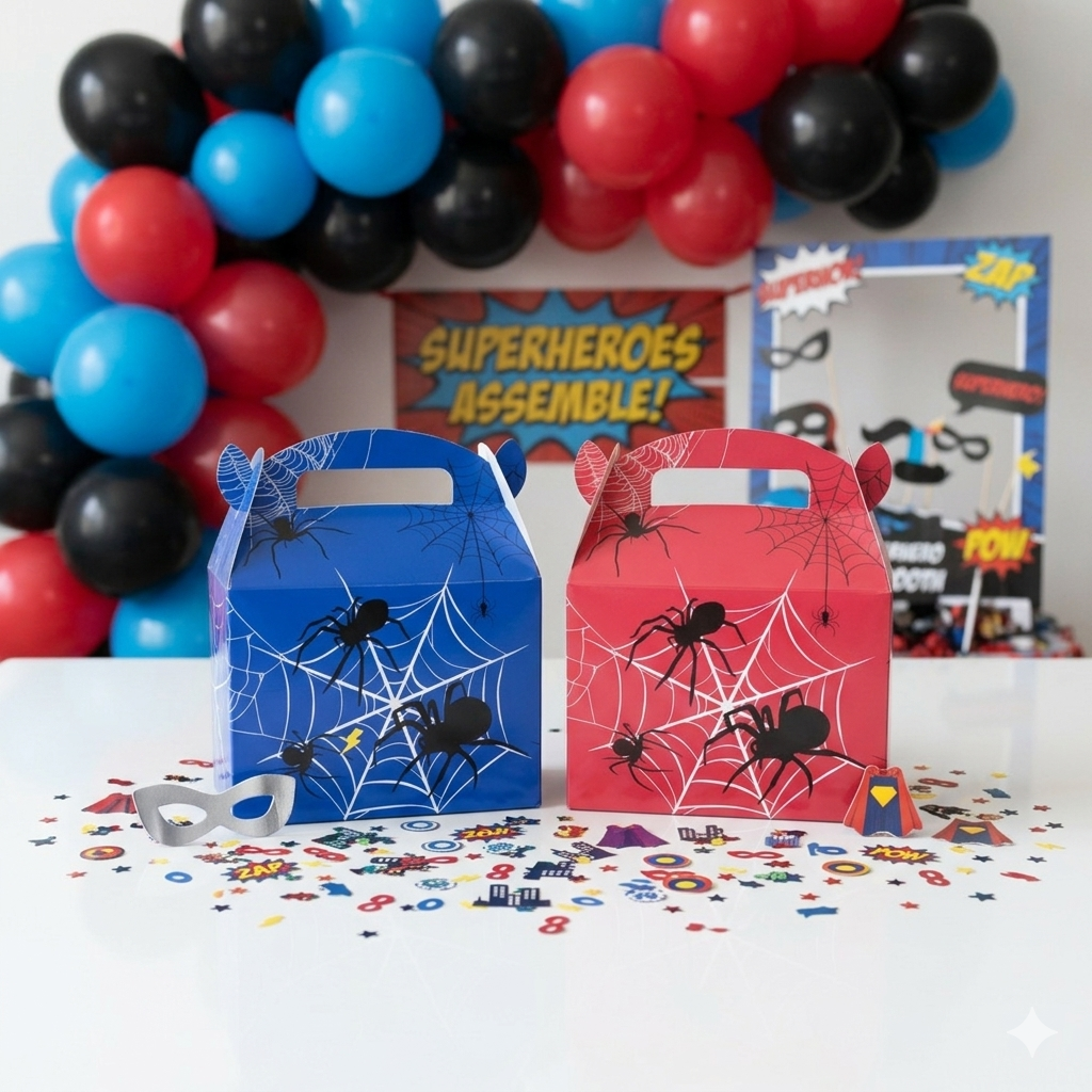 Mini superhero party bag in blue and red spider-web gable box, perfect birthday party bag or party favour box, handmade in the UK