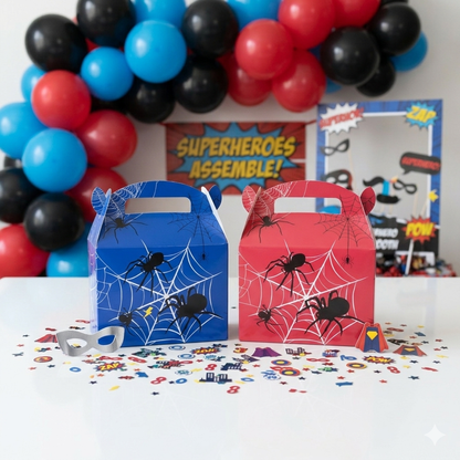 Mini superhero party bag in blue and red spider-web gable box, perfect birthday party bag or party favour box, handmade in the UK