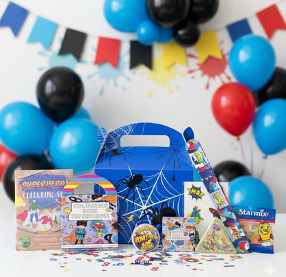 Mini superhero party bag contents including colouring set, colouring book, tattoo sheet, superhero slime, memo card game, tattoo sheet, mini maze game, slap band and Starmix sweets, handmade in the UK 