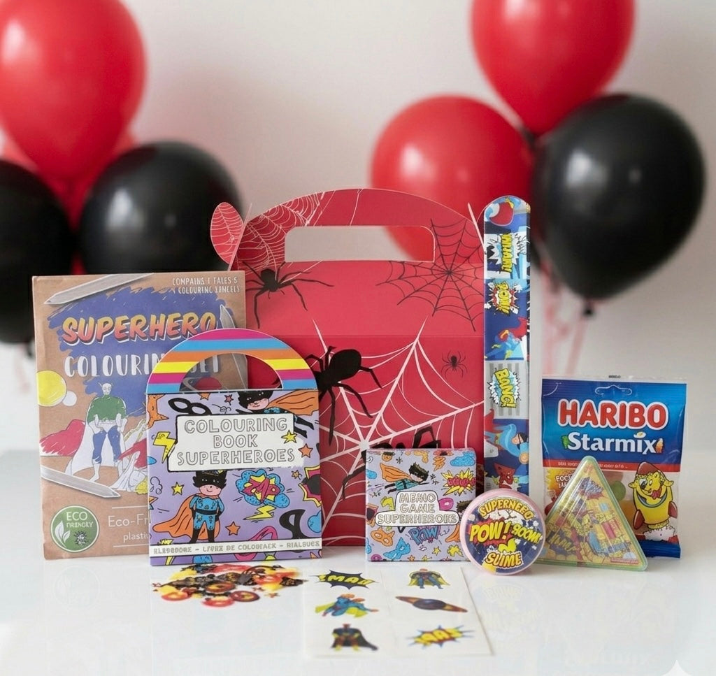 Mini superhero party bag contents including colouring set, colouring book, tattoo sheet, memo game, slime, triangle puzzle maze, slap band and Haribo Starmix sweets, handmade in the UK