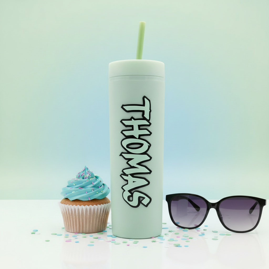 Personalised mint green cold cup with custom name, UK handmade gift, standing upright next to blue frosted cupcake and sunglasses on pastel background with confetti