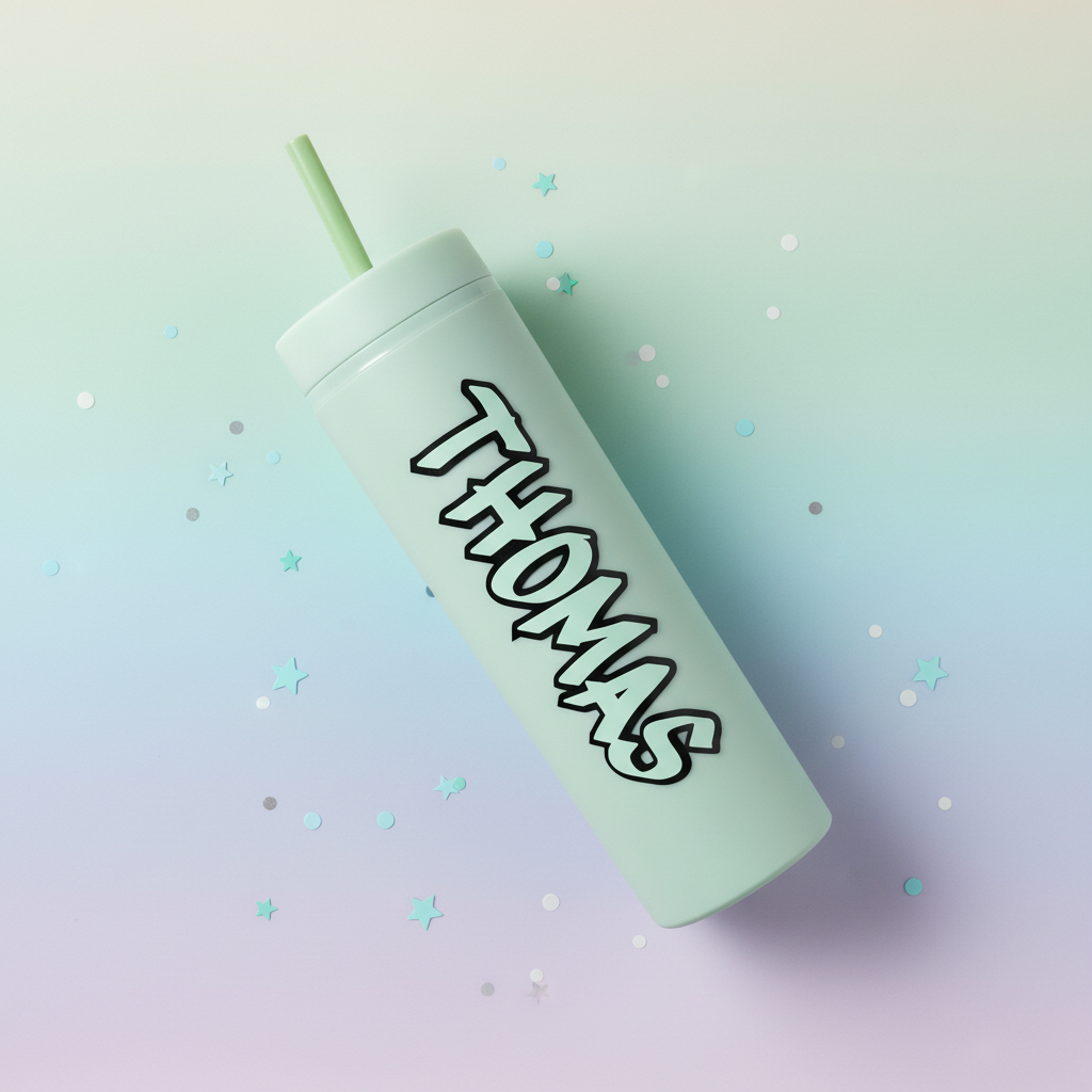 Personalised mint green cold cup with custom name, handmade in UK, lying flat on dreamy pastel gradient background with scattered star confetti