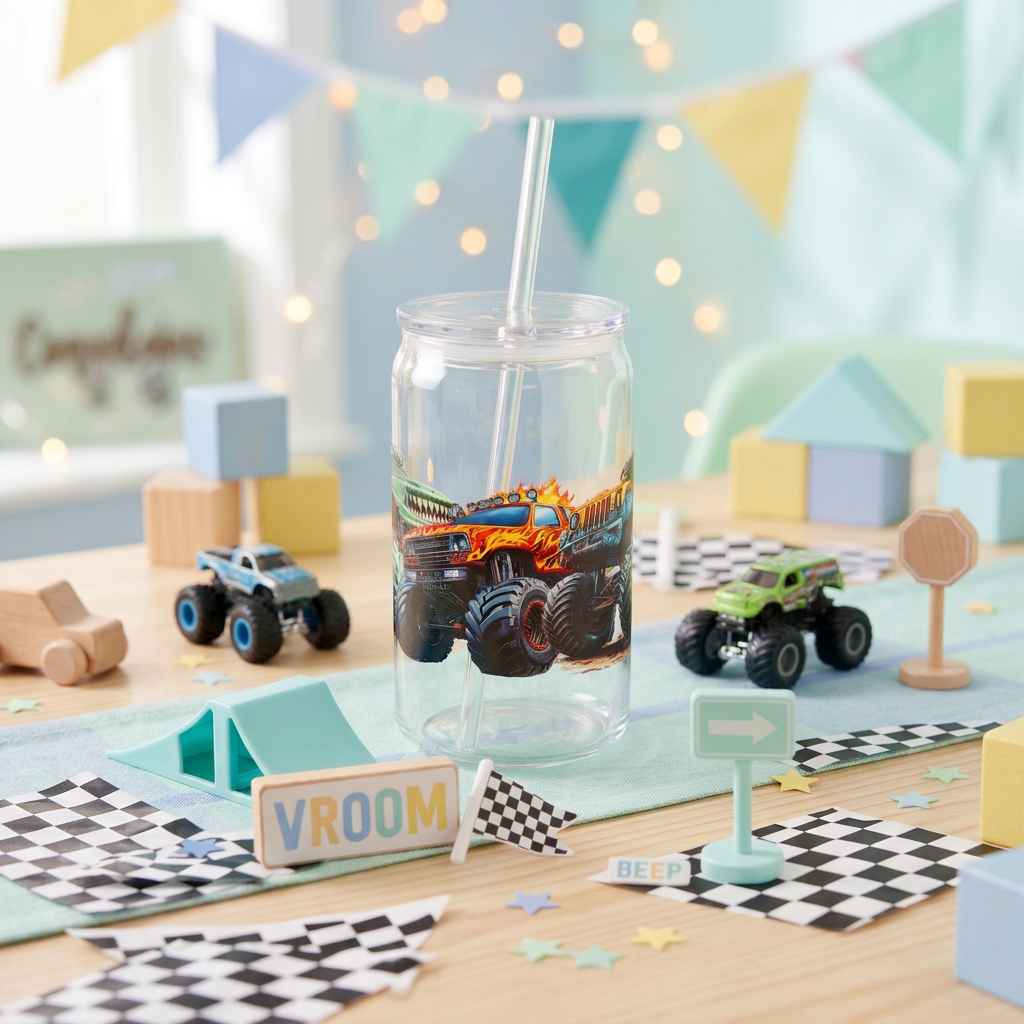 Monster Trucks 16oz plastic can cup with colourful monster truck artwork, oversized tyres, clear lid and clear straw.