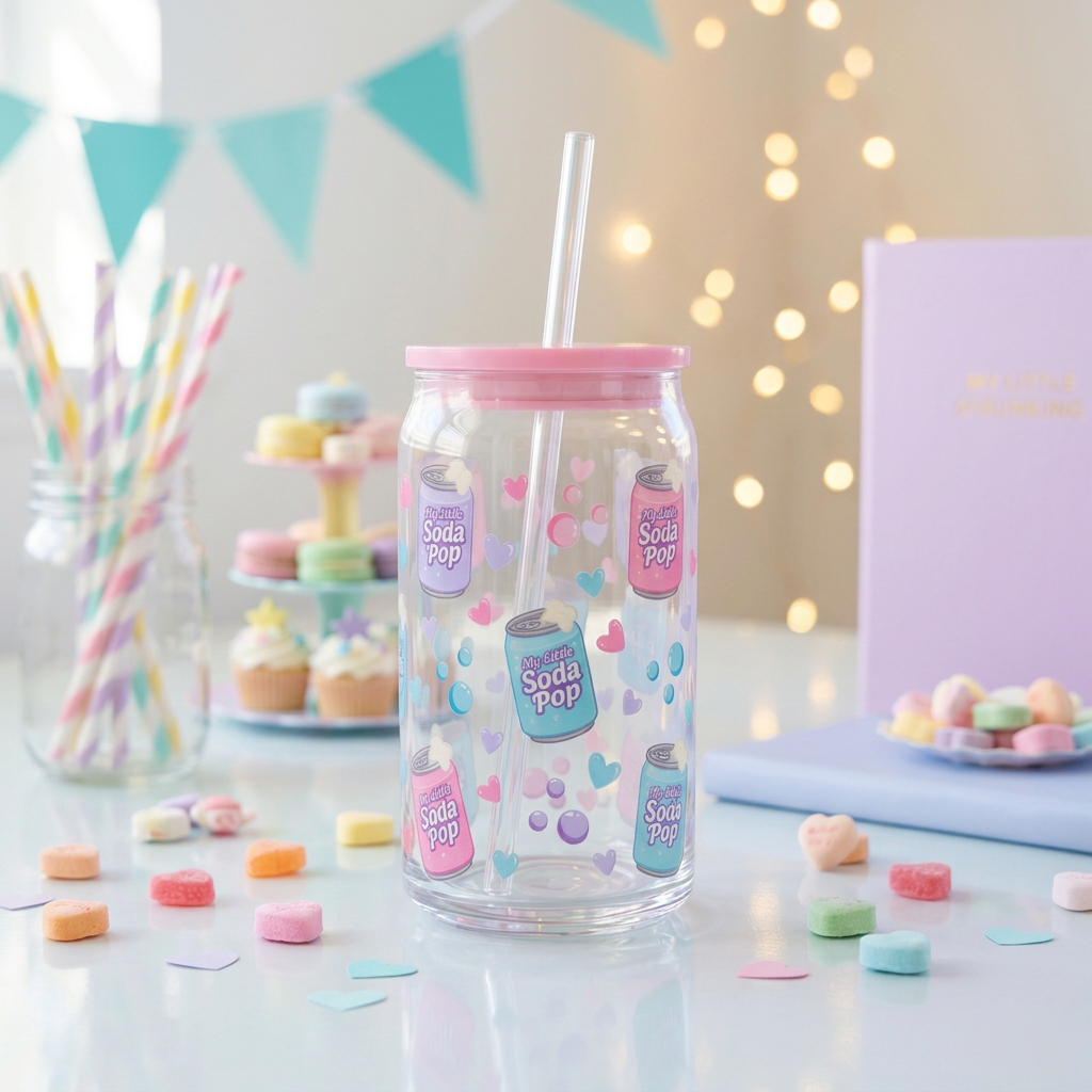 My Little Soda Pop 16oz plastic can cup with pastel soda can designs, pink lid and clear straw.