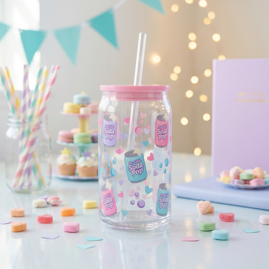 My Little Soda Pop 16oz plastic can cup with pastel soda can designs, pink lid and clear straw.