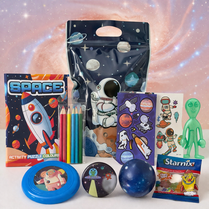 Space themed pre-filled party bag for kids including activity colouring book, coloured pencils, sticker sheets, temporary tattoo, alien figure, frisbee, galaxy stress ball, badge, and Starmixsweets