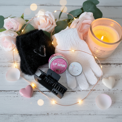 Luxury pamper gift box contents including raspberry lip scrub, reusable exfoliating glove, fluffy socks, hair claw clip and mini face scrub, handmade in the UK